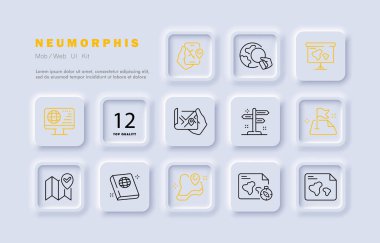 Coğrafya seti simgesi. Harita, navigasyon ekipmanı, navigatör, gezegen, arama, büyüteç, işaret, harita, atlas, pusula. Yer belirleme konsepti. Neomorfizm tarzı. İş için vektör satırı simgesi