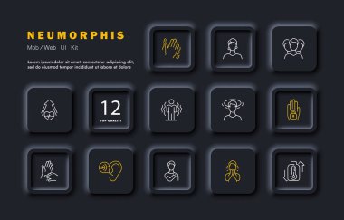 Hastalık seti simgesi. Sıcaklık, ateş, titreme, sakatlık, baş dönmesi, nabız, sağırlık, işitme sorunları, titreme, baş ağrısı, kalp ağrısı. Sağlık hizmeti konsepti. Neomorfizm tarzı. Vektör satırı simgesi