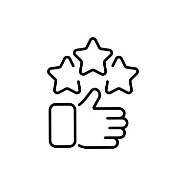 Geri bildirim çizgisi simgesi. Arkadaşlarla paylaşmak için üç yıldız, baş parmak yukarı, duygu. Konsepti gözden geçir. Beyaz arkaplanda vektör siyah çizgi simgesi