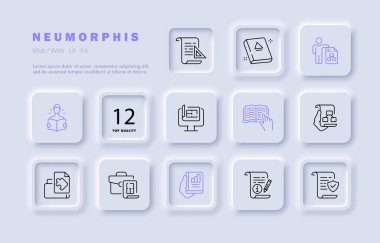 Çalışma belgesi belirleme simgesi. Parşömen, kitap, ders kitabı, istatistik, veri karşılaştırması, okuma, okuma, evrak çantası, bulmaca, talimat, dosya yönetimi, bilgi, bilgisayar, sunum. Neomorfizm