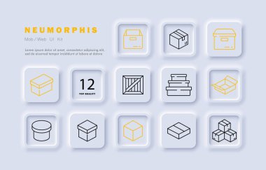 Kutular simge ayarlandı. Paket, paket, konteynır, nakliye, karton, ahşap, karton, lojistik, koruma, depolama, küp, hediye, ambalaj. Teslimat hizmeti konsepti. Neomorfizm biçimi