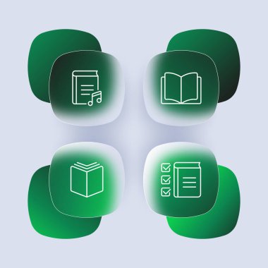 Kitaplar ikon ayarlar. Audiobook, paper, open, check-box, check mark, read, read, education, listen, electronic, download from the Internet, information, literatür. Bilgi kavramı. Glasmorfizm biçimi
