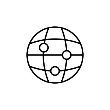 Konum işaretleri çizgisi simgesi olan gezegen. Varış yeri, rota, harita, seyahat, turizm, iş gezisi, dünya, navigasyon ekipmanları, yer belirleme, GPS. Coğrafya konsepti. Vektör satırı simgesi