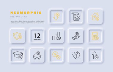 İndirim simgesi belirlendi. Yüzde, anlaşma, kalkan, el, kara Cuma, akademik başlık, ucuz ücret, çek, hesap makinesi, çıkartma, fiyat etiketi, istatistik, ev onarımı, satış. Alışveriş konsepti. Neomorfizm
