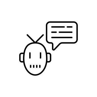 Konuşma balonu simgesi olan bir robot. Otomatik tarama, sohbet robotu, operatör, çağrı merkezi, destek servisi, yardım hattı, posta listesi, danışma, bilgi sağlama. Teknoloji konsepti. Vektör satırı simgesi