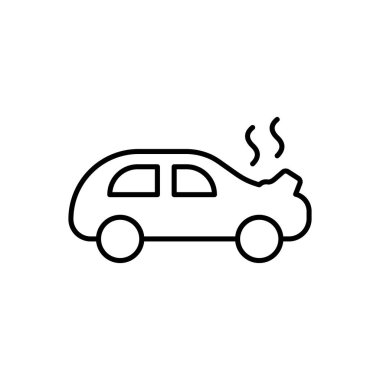 Araba kazası ikonu. Bir engele çarp, aşırı ısınma, kaput göçüğü, işaret, dikkat, dikkatli ol, alkollü araç kullanma, duman, yol kuralları, sürücü, araba. Trafik konsepti. Vektör satırı simgesi