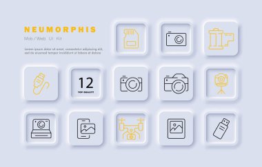 Kameralar simge ayarladı. Deklanşör, makara, ilham, kuş bakışı, video, drone, film, fotoğraf çerçevesi, flash disk, SD kart, telefon, fotoğraf çekimi, kuadkopter, tripod, USB kablo. Sanat konsepti. Neomorfizm