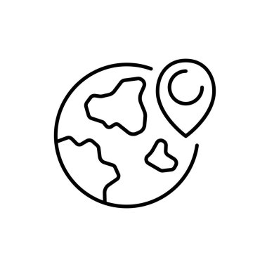 Konum imleci simgesi olan gezegen. Yer belirleme, navigasyon ekipmanları, haritalama, seyahat, turizm, iş gezisi, GPS, uydu, yer, varış yeri. Coğrafya konsepti. Vektör satırı simgesi