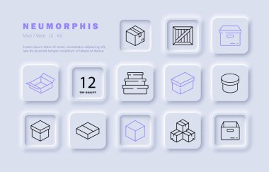 Kutu paketleme simgesi. Tahta, karton, silindir, kare, paket, paket, ambalaj. Teslimat konsepti. Neomorfizm biçimi