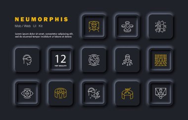 Siberpunk set simgesi. Hologram, arttırılmış gerçeklik, sanal dünya, metaevren, ışınlanma portalı, yapay zeka, video kaskı, kripto para birimi, siber uzay. Sinirsel ağ konsepti. Neomorfizm biçimi