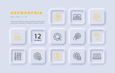 Satır simgesi ayarlanıyor. Vites, kurulum, işçi, öğrenme, beyninizi pompalama, mekanizma, yapılandırma, kaydırma, büyüteç, dizin, dernek. Bilgi konsepti. Neomorfizm tarzı. Vektör satırı simgesi