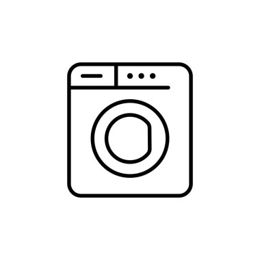 Çamaşır makinesi çizgi simgesi. Ev eşyaları, çamaşır, kirli çamaşırlar, çarşaflar, çarşaflar, çarşaflar, yatak örtüleri, su, toz, sabun, giysiler. Temizlik konsepti. Beyaz arkaplanda vektör satırı simgesi
