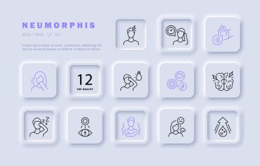 Kötü hissetme ikonu. Baş ağrısı, migren, ışığa duyarlılık, kötü ruh hali, anestezi, uyuşukluk, susuzluk, hava bağımlılığı, titreme, öksürük, dinlenme. Sağlık sigortası konsepti. Neomorfizm biçimi