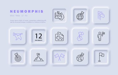 Çalışanlar simge belirledi. İletişim, konuşma, başarı bayrağı, başarı, birincilik, zafer, astlık, acemi er, değiş tokuş, istatistik, bilgi paylaşımı. İş konsepti. Neomorfizm biçimi