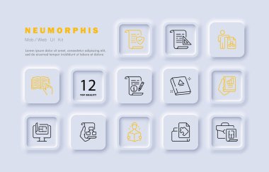 Çalışma belgesi belirleme simgesi. Parşömen, kitap, ders kitabı, istatistik, veri karşılaştırması, okuma, CV, evrak çantası, bulmaca, talimat, dosya yönetimi, bilgi, portföy, sunum. Neomorfizm