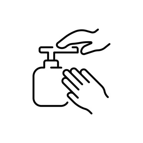 手与肥皂撒布线图标 洗澡水 淋浴露 保湿霜 化妆品 清洁剂 消毒剂 防腐剂 清洁剂 个人卫生概念 — 图库矢量图片