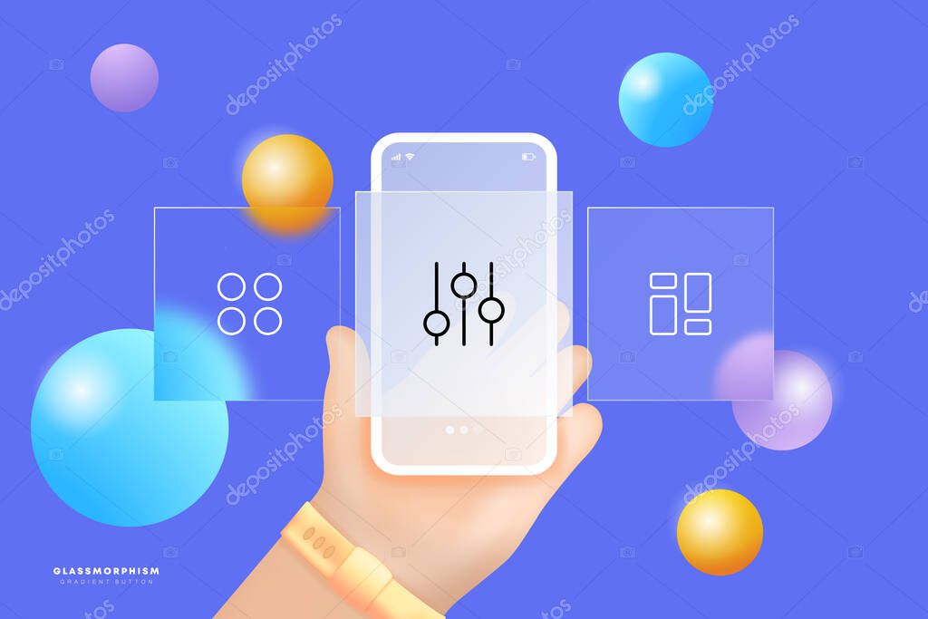 Menu buttons set icon. Tiles, slider, settings, centering, alignment, application, control panel, check list, app, align. Technology concept. Glassmorphism. UI phone app screens