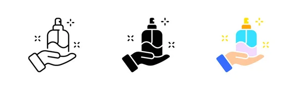 ハンドラインアイコンでディスペンサー 液体石鹸 消毒剤 防腐剤 手を洗う 個人の衛生 コロナウイルス 白い背景に線 黒とカラフルなスタイルのベクトルアイコン — ストックベクタ