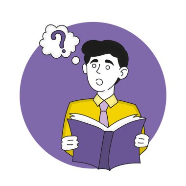 Man with book and question mark in speech bubble. Have a question, research, reading, knowledge, education, ask, literature. Vector illustration in yellow and purple colors on white background