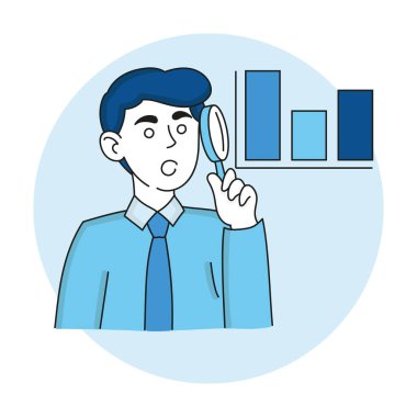 Man with magnifier and bar chart. Data analysis, statistics, statistical information, strategy, analytic, budget accounting, study. Vector illustration in blue colors on white background