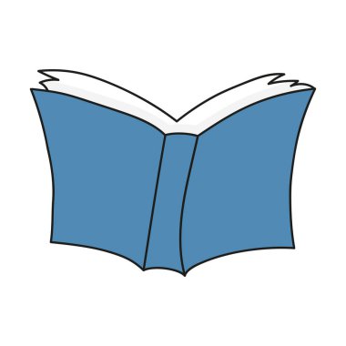 Open book with blue cover. Literature, knowledge, textbook, education, learning, novel, reading, getting information, flipping pages, library. Vector illustration pastel colors on white background
