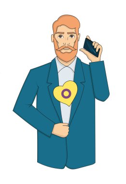 Man with intersex flag. Businessman wearing suit and talking over the phone. Gender, sexual orientation, be yourself, love, yellow heart with purple circle, LGBT community. Vector illustration