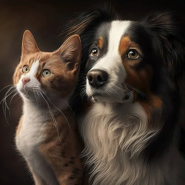 Red cat and dog with black ears on a brown background. Cute fluffy pets, detailed wool, high resolution, illustrations, art. AI