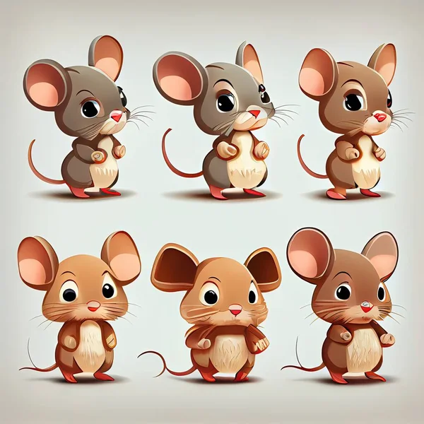 Set of mouse icons in expressionism style isolated on white background. Cute little animals, cartoon style, exotic animals, pets, high resolution, illustrations, art. AI