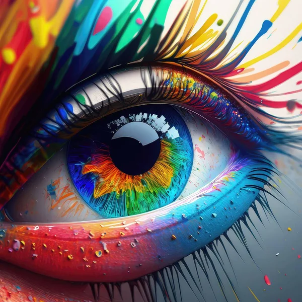 Human eye looking up. Colorful drawing, dark background, saturated colors, glare, high resolution, illustrations, art. AI