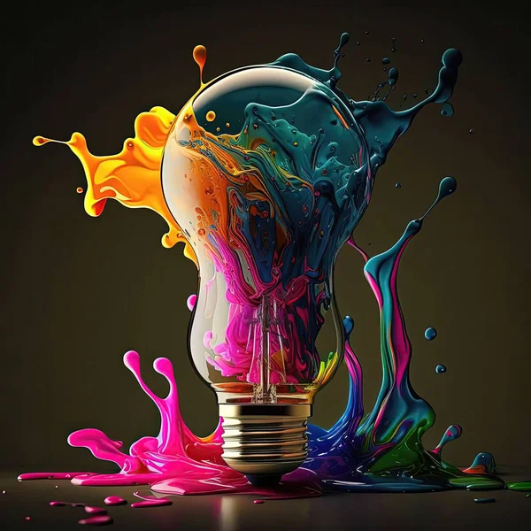 Light bulb filled with paint on a dark background. With splashes of paint around, eureka, electricity, concept ideas, lighting, technology, high resolution, illustrations, art. AI