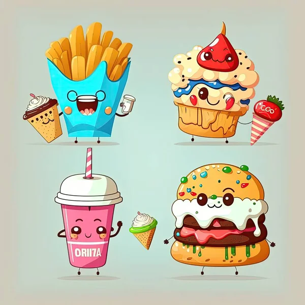 Set of cute food icons on gray background. Fast food, ice cream, soda, burger, french fries, high resolution, illustrations, art. AI