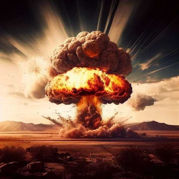 Explosion from a nuclear warhead during the war. Soil pollution, nuclear fallout, military conflict, dark colors, high resolution, illustrations, art. AI