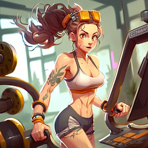 The girl is engaged in fitness in cartoon style. Tattoos, gym, non-existent person, treadmill, sports, warm colors, high resolution, illustrations, art. AI
