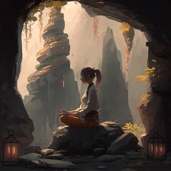 A little girl is meditating inside a mountain in a cartoon style. Yoga, self-improvement, non-existent person, knowledge of the world, high resolution, illustrations, art. AI