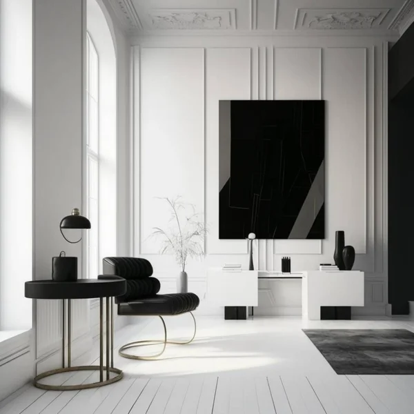 Personal office in the style of architectural post-modernism, with white wallpaper. Wall paintings, luxurious interior, dark shades, high resolution, illustrations, art. AI
