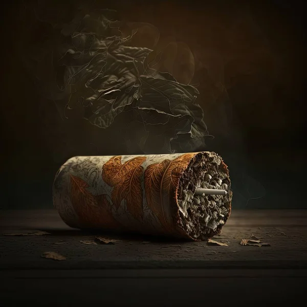 Cigar wrapped in a tobacco leaf on a brown background with smoke. Smoking, smell of smoke, anti-tobacco company, high resolution, art, generative artificial intelligence