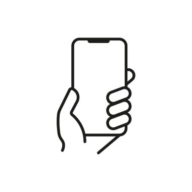 The hand that hold the phone line icons. Technology, online chatting, internet, mobile gaming, apps. Gadget concept. Vector line icon on white background