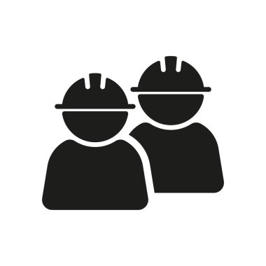 Two people in construction helmets line icons. Hard work, new building, realtor, apartment, building a house. Building concept. Vector line icon on white background