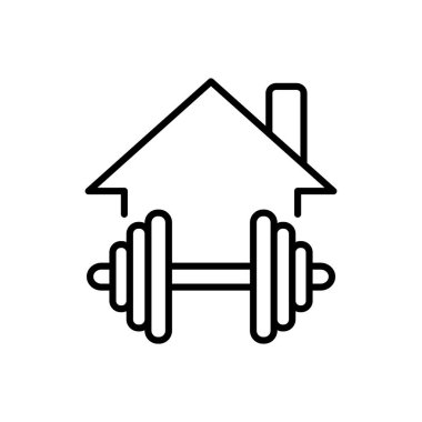 Dumbbell with a house on the background of line icons. Training, bodybuilding, powerlifting, self-development, training in the gym. Coaching concept. Vector line icon on white background