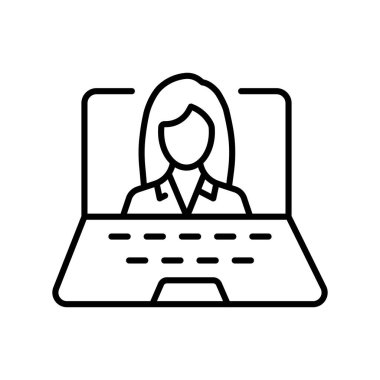 Girl inside laptop screen line icon. Quarantine, networking, technology, gadgets, online meeting. Work from home concept. Vector line icon on white background