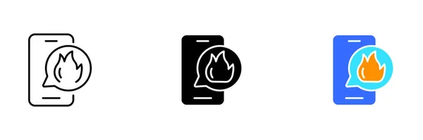 火災のシンボルを持つ携帯電話のイラスト 消防士からの火災や支援を報告する緊急呼び出しを表します 線のアイコンのベクトルセット 黒とカラフルなスタイル孤立 — ストックベクタ