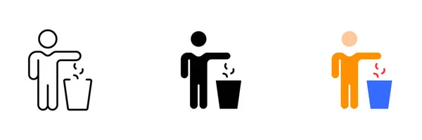 ゴミ箱にゴミを投げ込む人のイラストで 適切な廃棄物処理と環境責任を表しています 線のアイコンのベクトルセット 黒とカラフルなスタイル孤立 — ストックベクタ