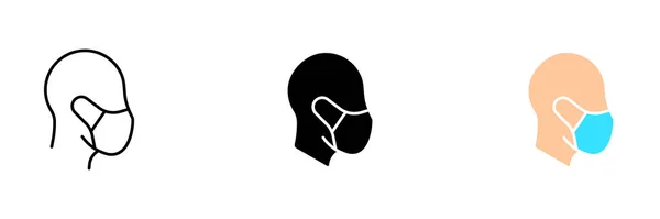 Una Persona Con Una Maschera Medica Set Vettoriale Icone Linea — Vettoriale Stock