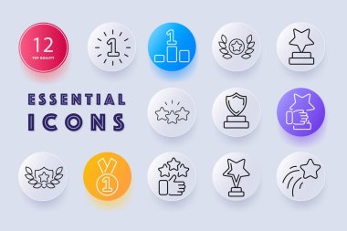 Madalya ikonu seti birincisi. Kurdeleli altın madalya, başarı ve mükemmelliği temsil ediyor. Zafer, konsept. Neomorfizm tarzı. İş için vektör satırı simgesi