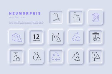 Geri dönüşüm simgesi seti. Atık yönetimi kavramları, farklı atık türlerini sınıflandırma ve işleme dahil. Çevre dostu. Neomorfizm tarzı. İş için vektör satırı simgesi