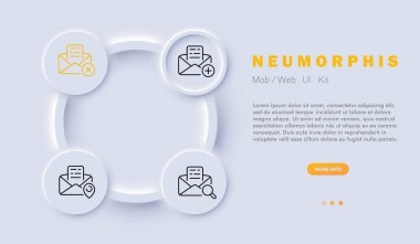 Harf simgesi seti. E- posta, bilgisayar ekranı ya da e-posta kutusu görüntüleyen ya da yeni bir e- posta oluşturan mobil aygıt. Neomorfizm tarzı. İş ve Reklamcılık için vektör satırı simgesi