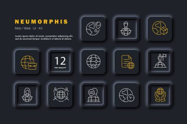 Turizm simgeleri belirlendi. Uluslararası simgeler, ünlü yerler, ulaşım, eğlence ve konaklama sembolleri. Seyahat et. Neomorfizm tarzı. İş için vektör satırı simgesi