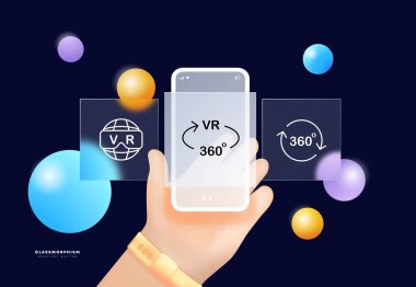 Sanal Gerçeklik simgesi seti. VR kulaklığı ve istedikleri sanal ortamla etkileşim. Sanal gerçeklik kavramı. Cam morfizmi. UI telefon uygulaması ekranları. İş için vektör satırı simgesi