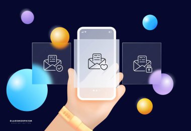 Harf simgesi seti. E- posta, bilgisayar ekranı ya da e-posta kutusu görüntüleyen ya da yeni bir e- posta oluşturan mobil aygıt. Cam morfizmi. UI telefon uygulaması ekranları. İş için vektör satırı simgesi