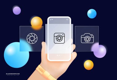 Kamera simgesi ayarlandı. Sanatsal ifade, belgeleme, gazetecilik ve bilimsel araştırma. Fotoğrafçılık. Cam morfizmi. UI telefon uygulaması ekranları. İş için vektör satırı simgesi